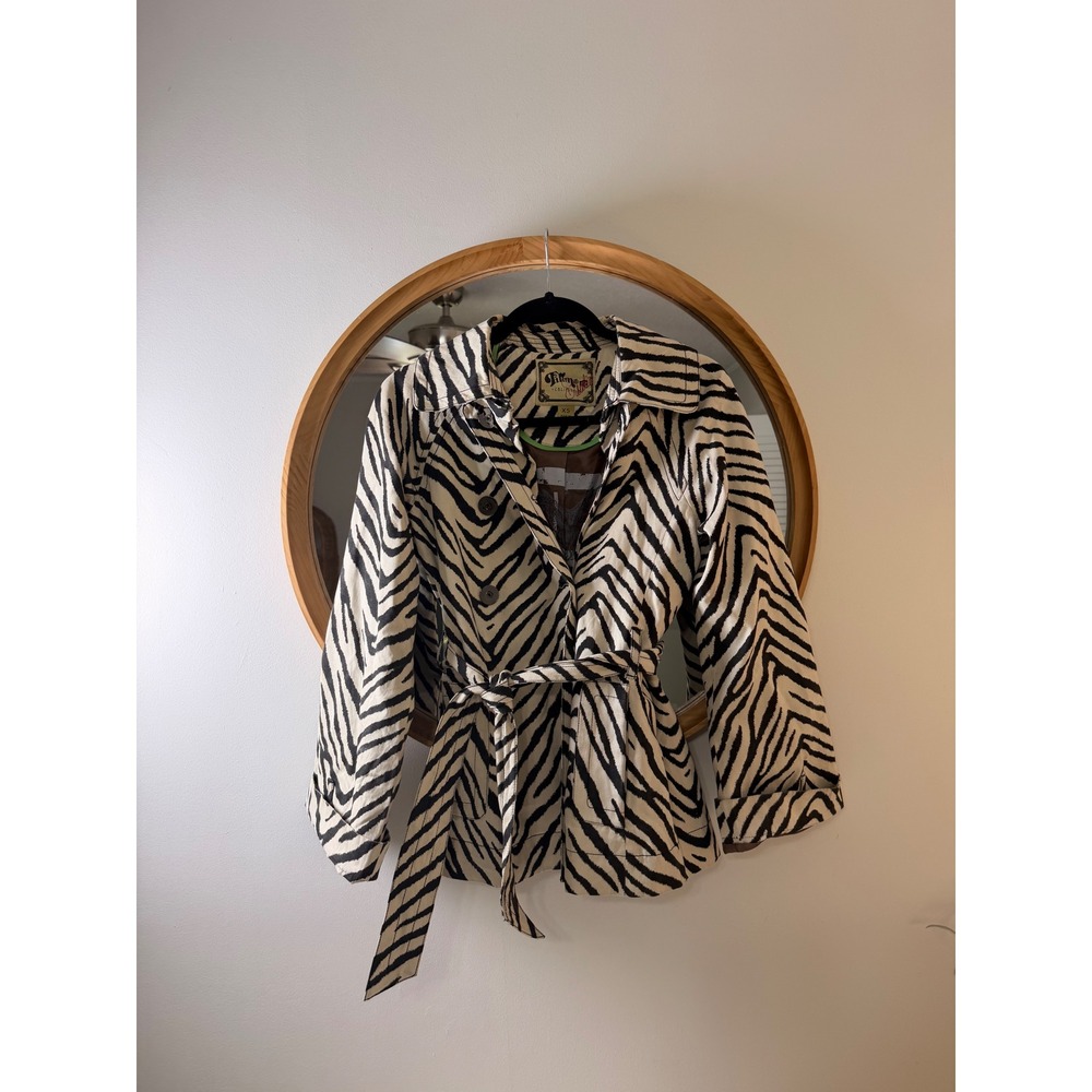 Y2K Fillmore California Zebra Print Jacket Women Black White Belted Trench